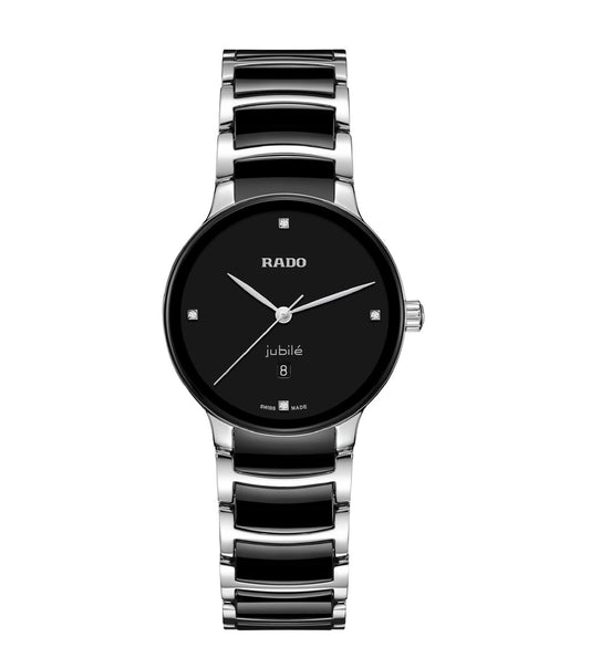 A Rado Centrix Diamonds watch for women, featuring a black lacquered dial with diamonds, a stainless steel bracelet with black high-tech ceramic links, and a curved sapphire crystal.