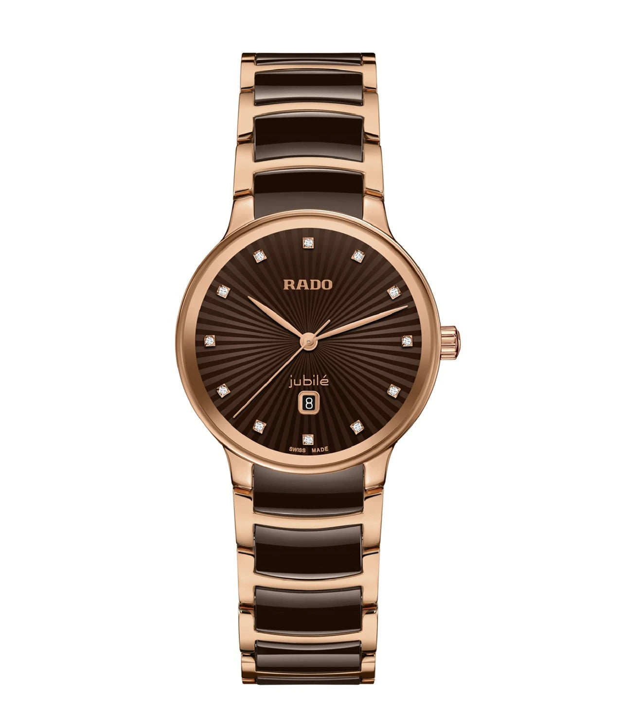 A Rado Centrix Diamonds watch for women with a brown dial, rose gold-colored PVD-coated stainless steel bracelet, and diamond accents.
