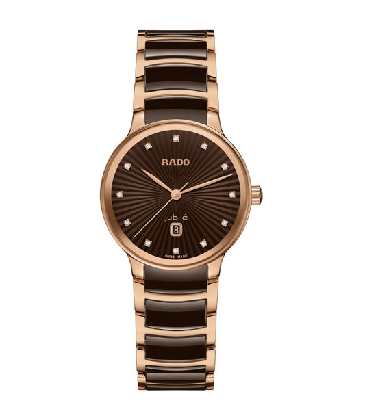 A Rado Centrix Diamonds watch for women with a brown dial, rose gold-colored PVD-coated stainless steel bracelet, and diamond accents.