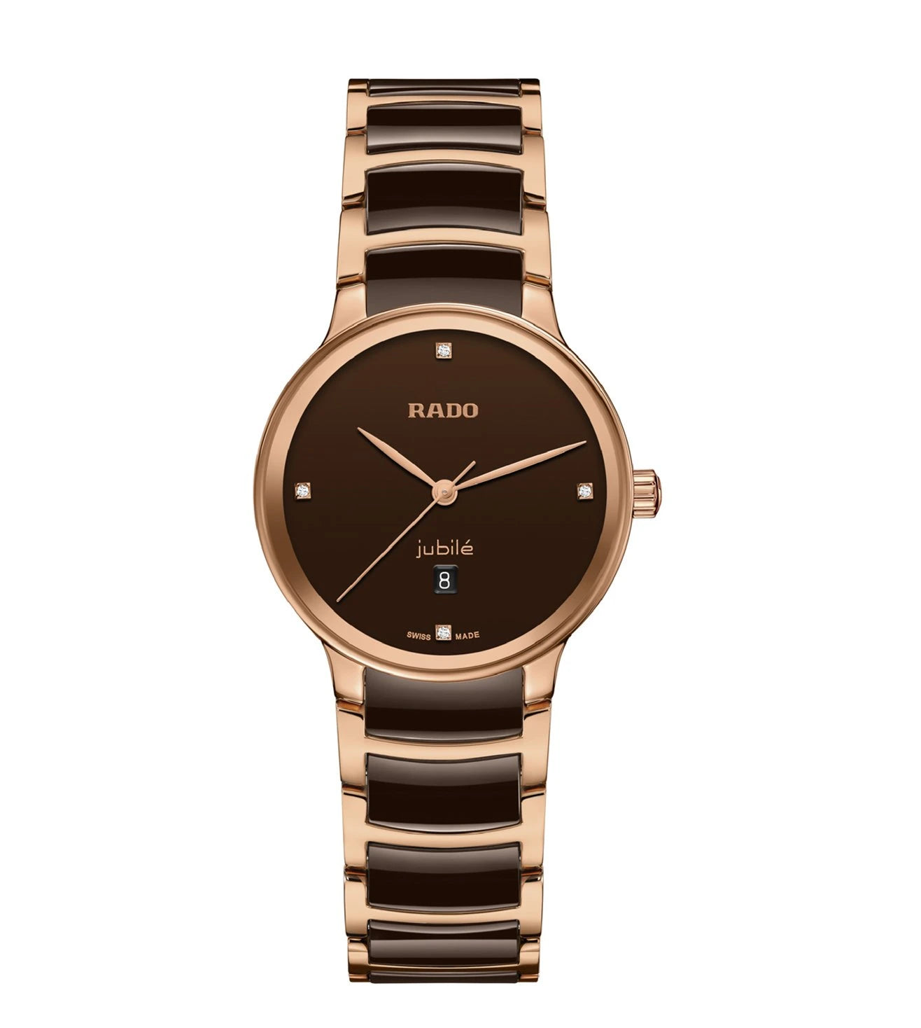 A Rado Centrix Diamonds watch for women with a brown lacquered dial, rose gold-coloured hands, and a bracelet made of polished rose gold-coloured PVD-coated stainless steel with brown high-tech ceramic middle links.