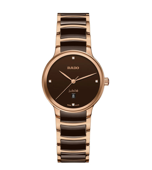 A Rado Centrix Diamonds watch for women with a brown lacquered dial, rose gold-coloured hands, and a bracelet made of polished rose gold-coloured PVD-coated stainless steel with brown high-tech ceramic middle links.