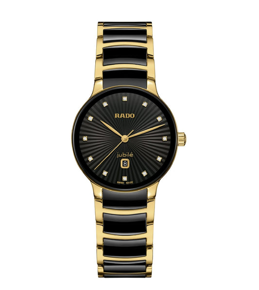 A Rado Centrix Diamonds watch for women with a black dial, gold case, and bracelet featuring a mix of black and gold tones.