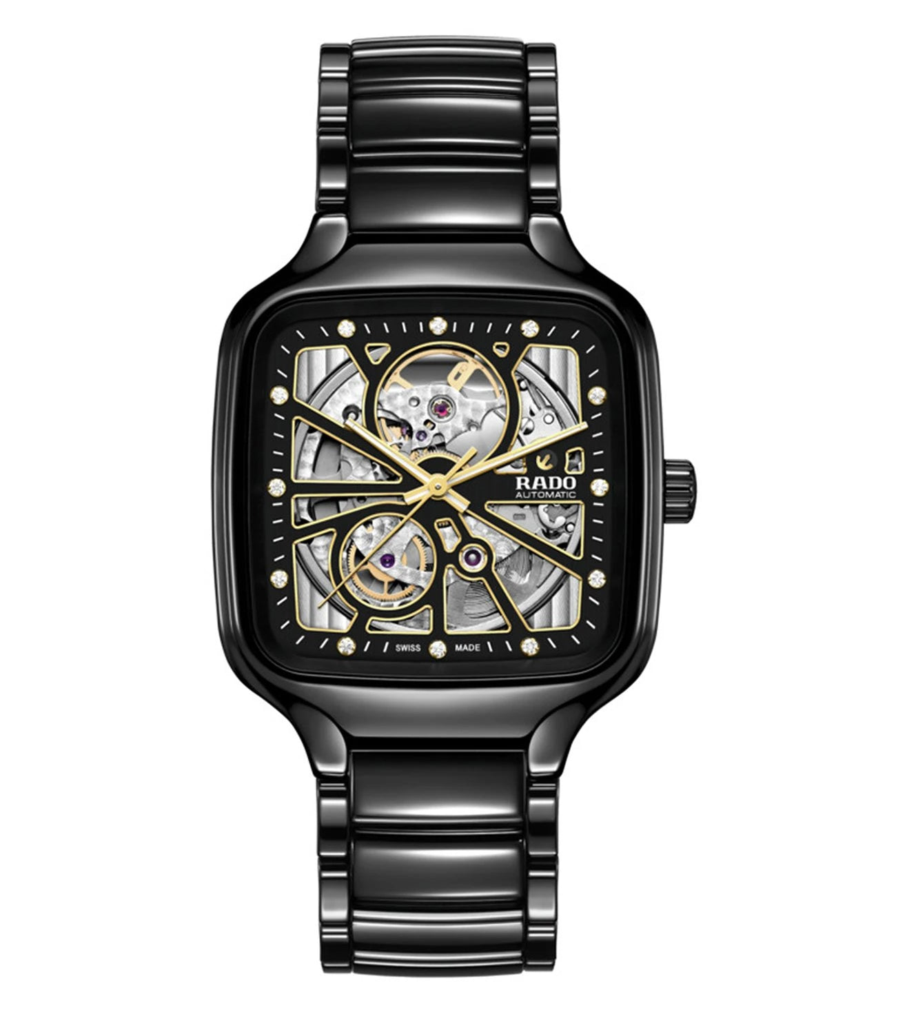 A black Rado True Square Automatic Open Heart watch with a silver open heart design on the dial, yellow gold-coloured hands, and a polished black high-tech ceramic bracelet.