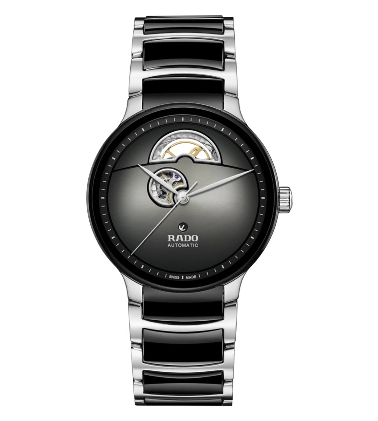 A Rado Centrix Automatic Open Heart Unisex Watch with a silver to black gradient dial, rhodium colored hands, and a polished stainless steel and black high-tech ceramic bracelet.