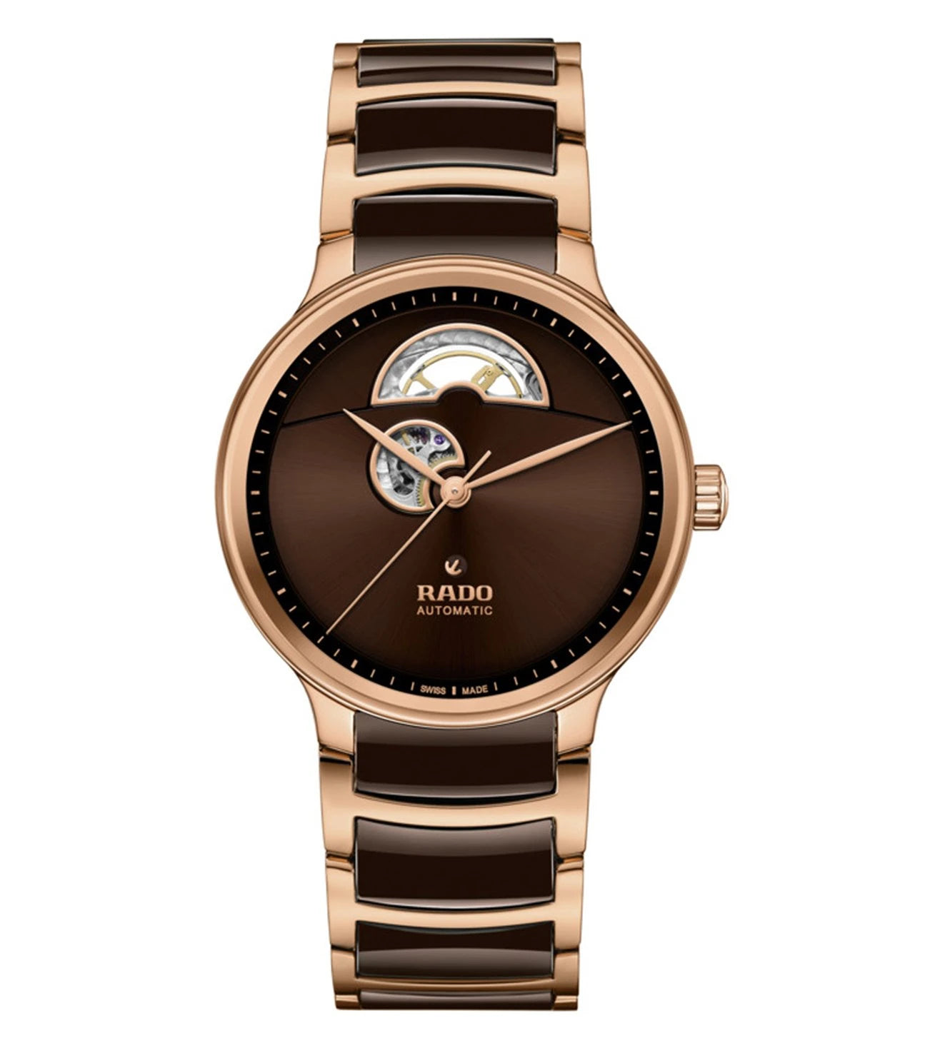 A Rado Centrix Automatic Open Heart Unisex Watch with a rose gold case and brown gradient dial, featuring rose gold hands and a sapphire crystal back.