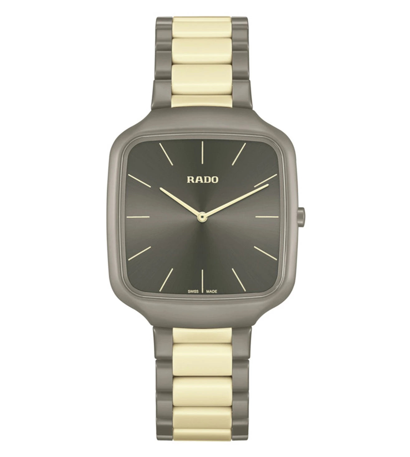 A Rado True Square Thinline X Les Couleurs Le Corbusier analog unisex watch with a matte grey brown case and gold-tone bracelet.