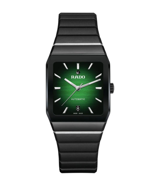 A RADO Anatom Automatic Unisex Watch with a black matte high-tech ceramic bezel, a green-to-black gradient dial, and a black rubber strap.