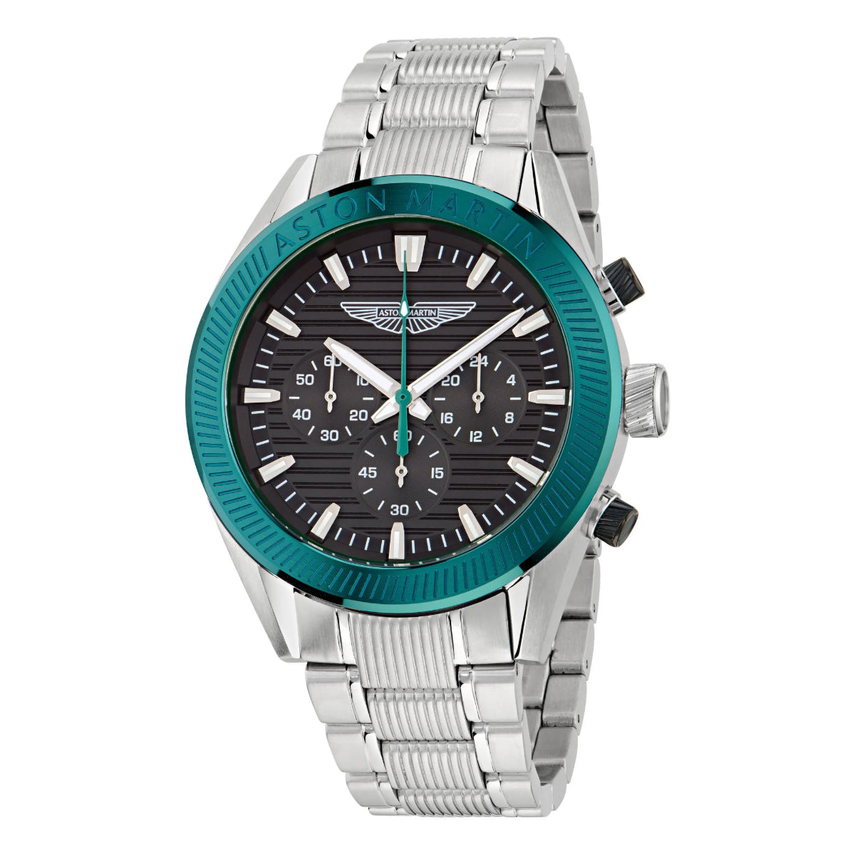 Silver watch with a black face and turquoise bezel on a white background