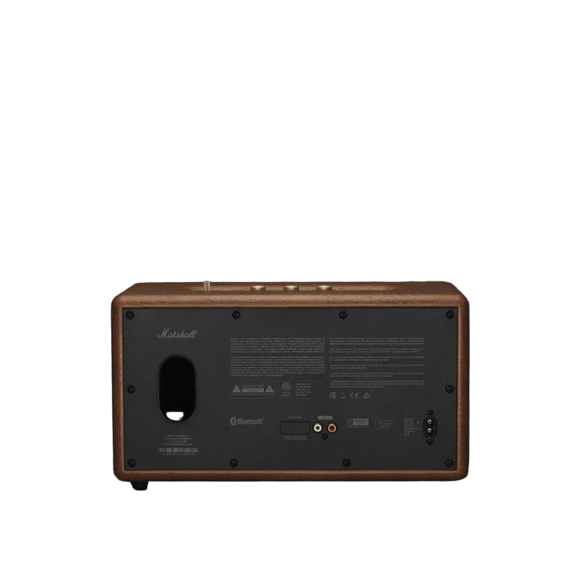 Back view of a wooden Marshall amplifier on a dark background
