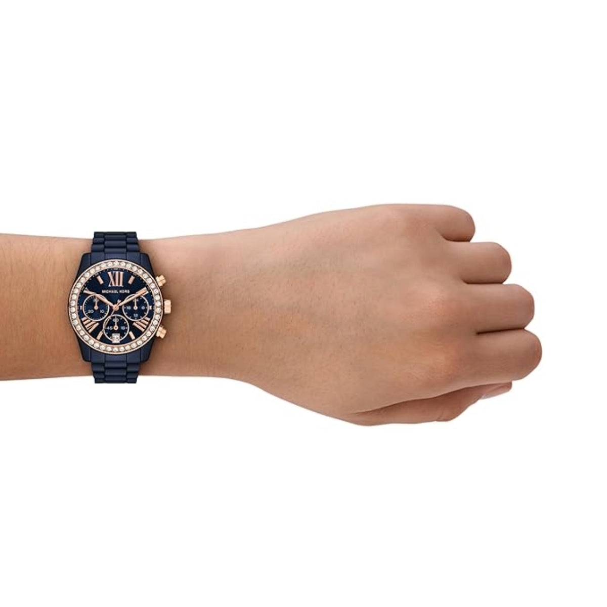 Hand wearing a blue watch with a white background