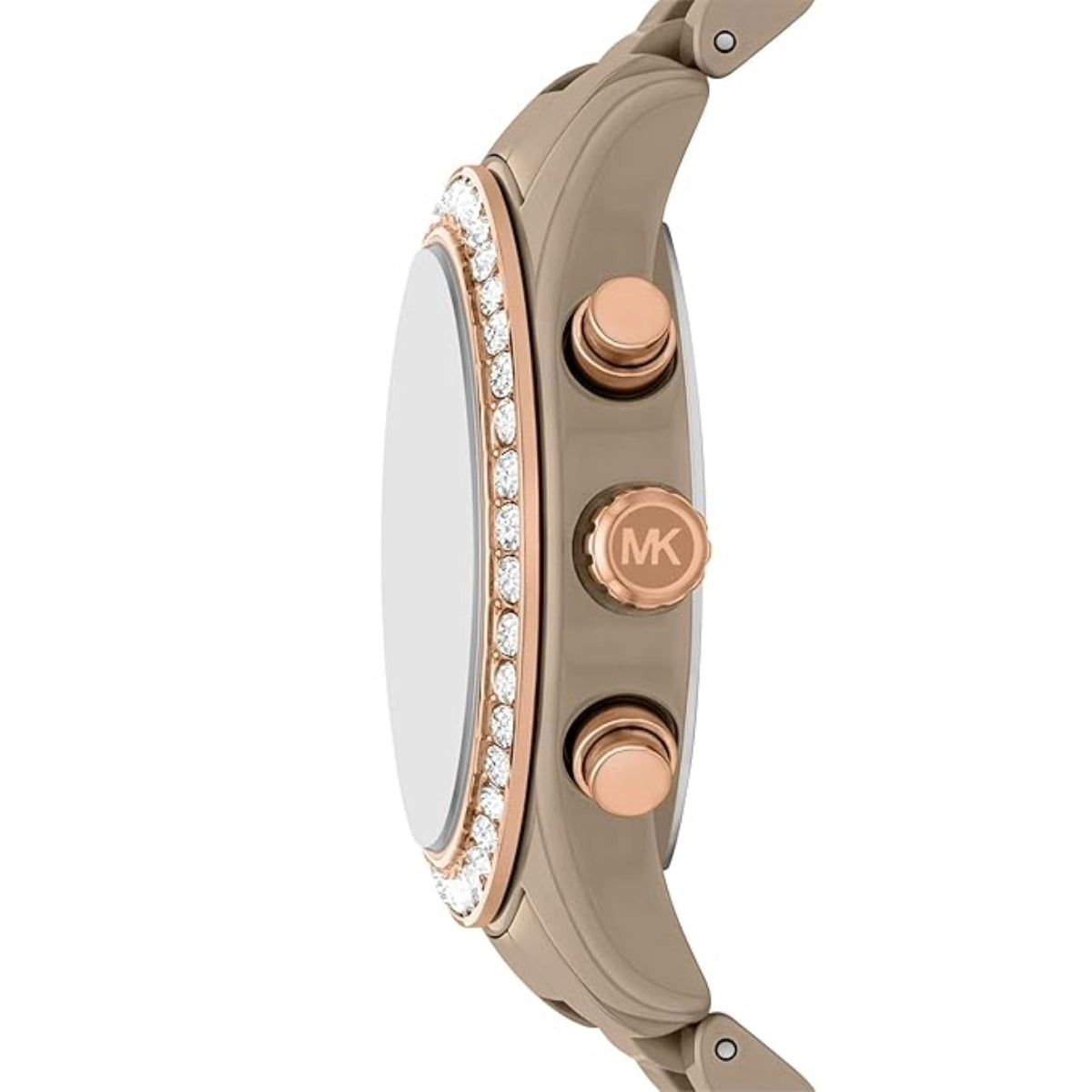 Close-up of a Michael Kors watch with rose gold and beige accents on a white background