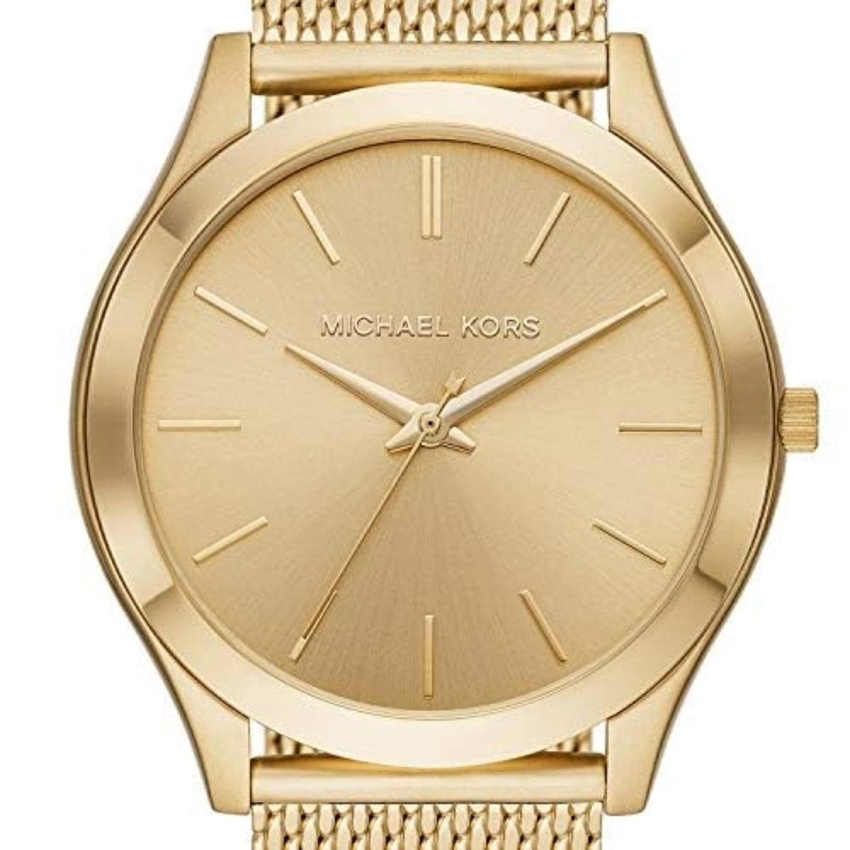 Gold watch with 'Michael Kors' branding on a white background