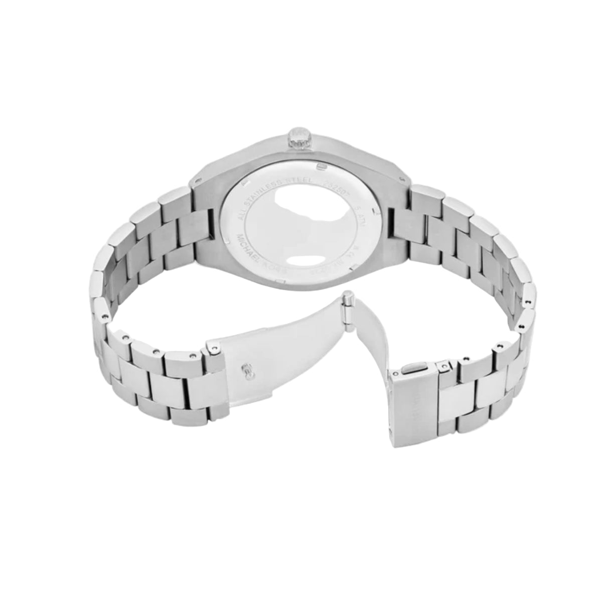 Silver watch with a metal band on a white background