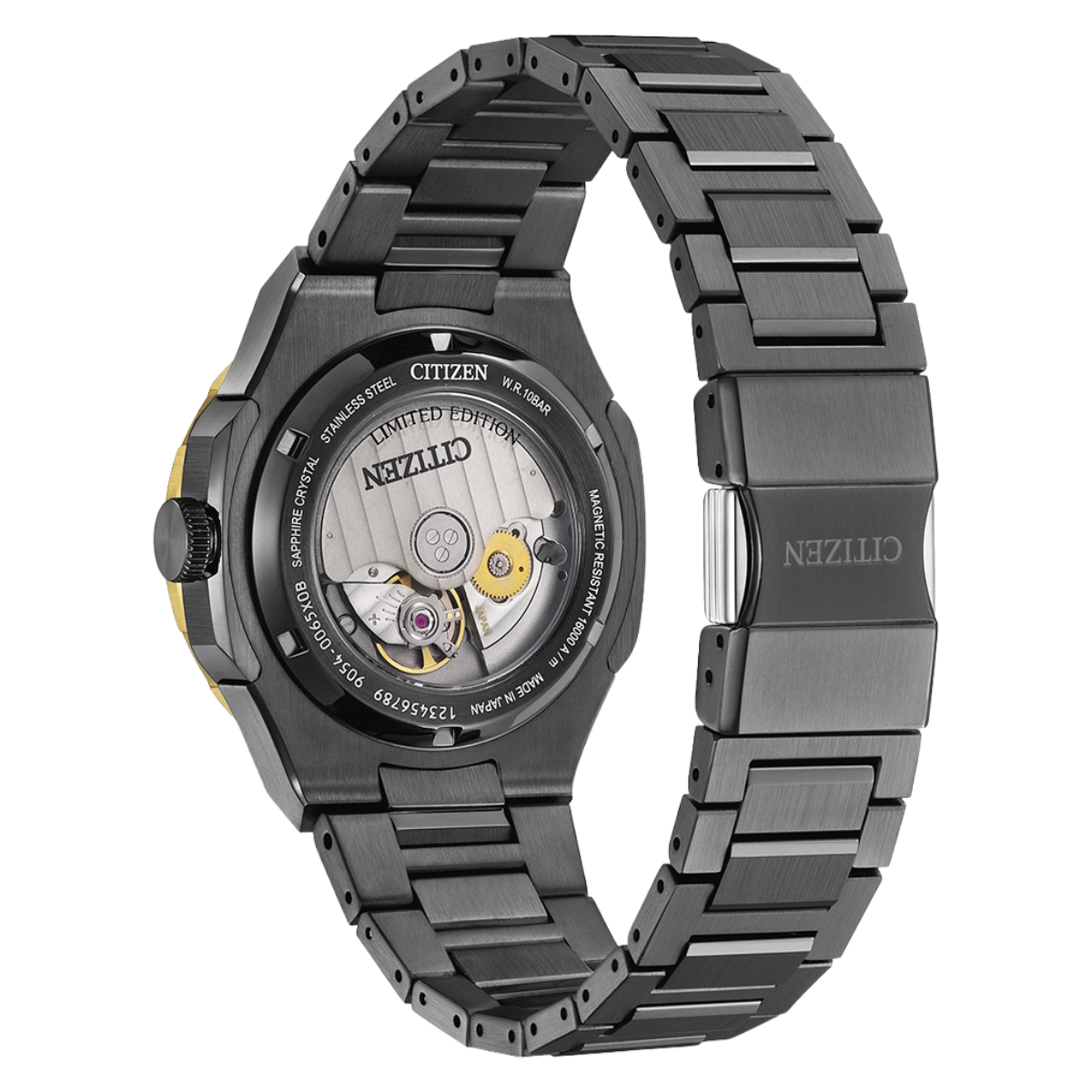 Citizen watch with black metal strap on a white background