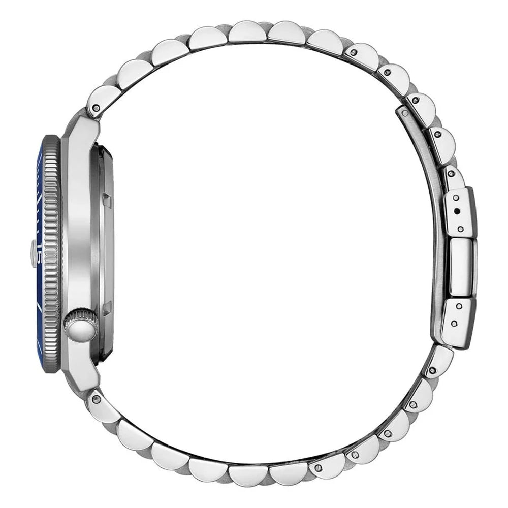 Close-up of a watch with a silver bezel and blue accents on a white background