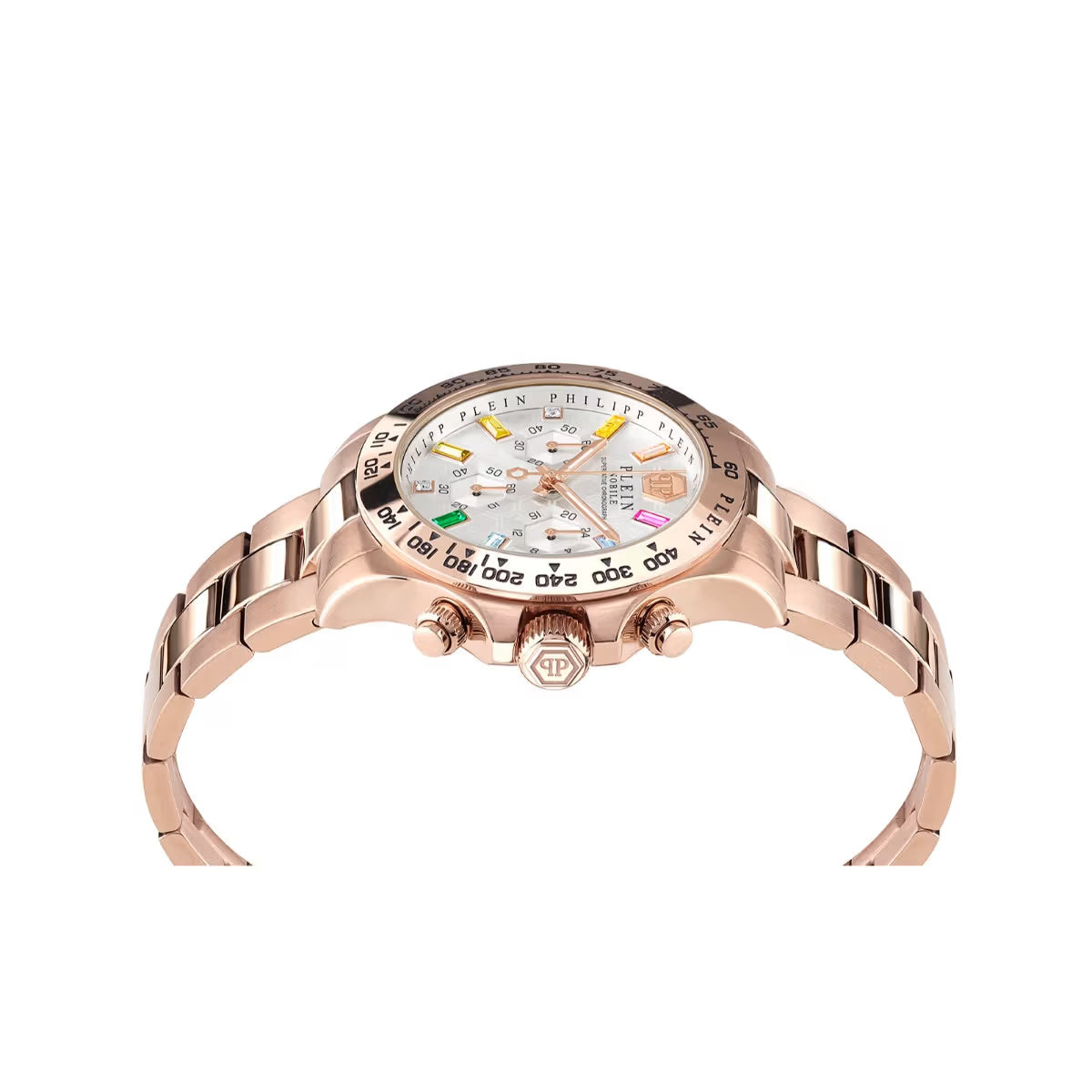Rose gold watch with a detailed face on a white background