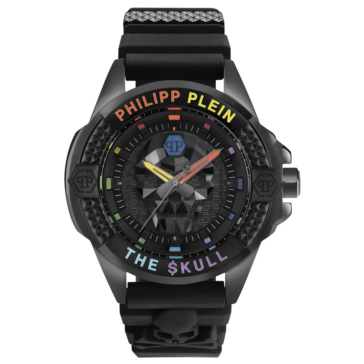 Black Philipp Plein watch with colorful text on a white background