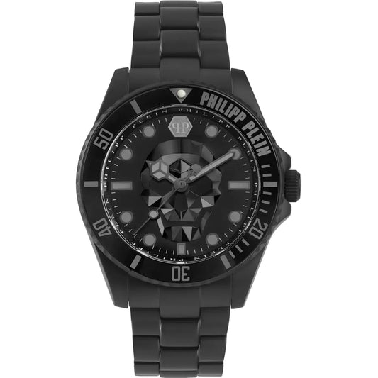 Black watch with Philipp Plein branding on a white background