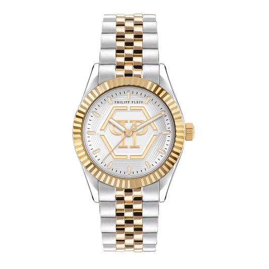 Two-tone watch with gold and silver band on a white background