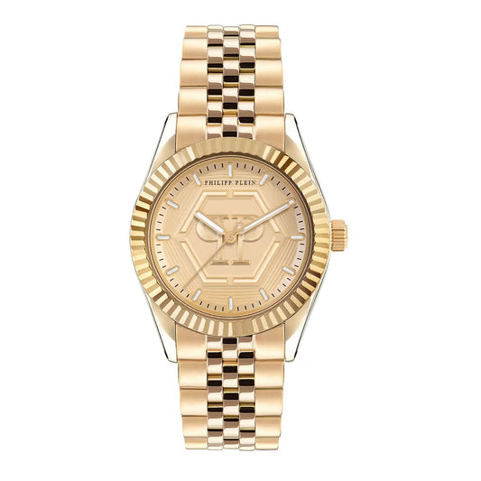 Gold watch with a detailed face on a white background