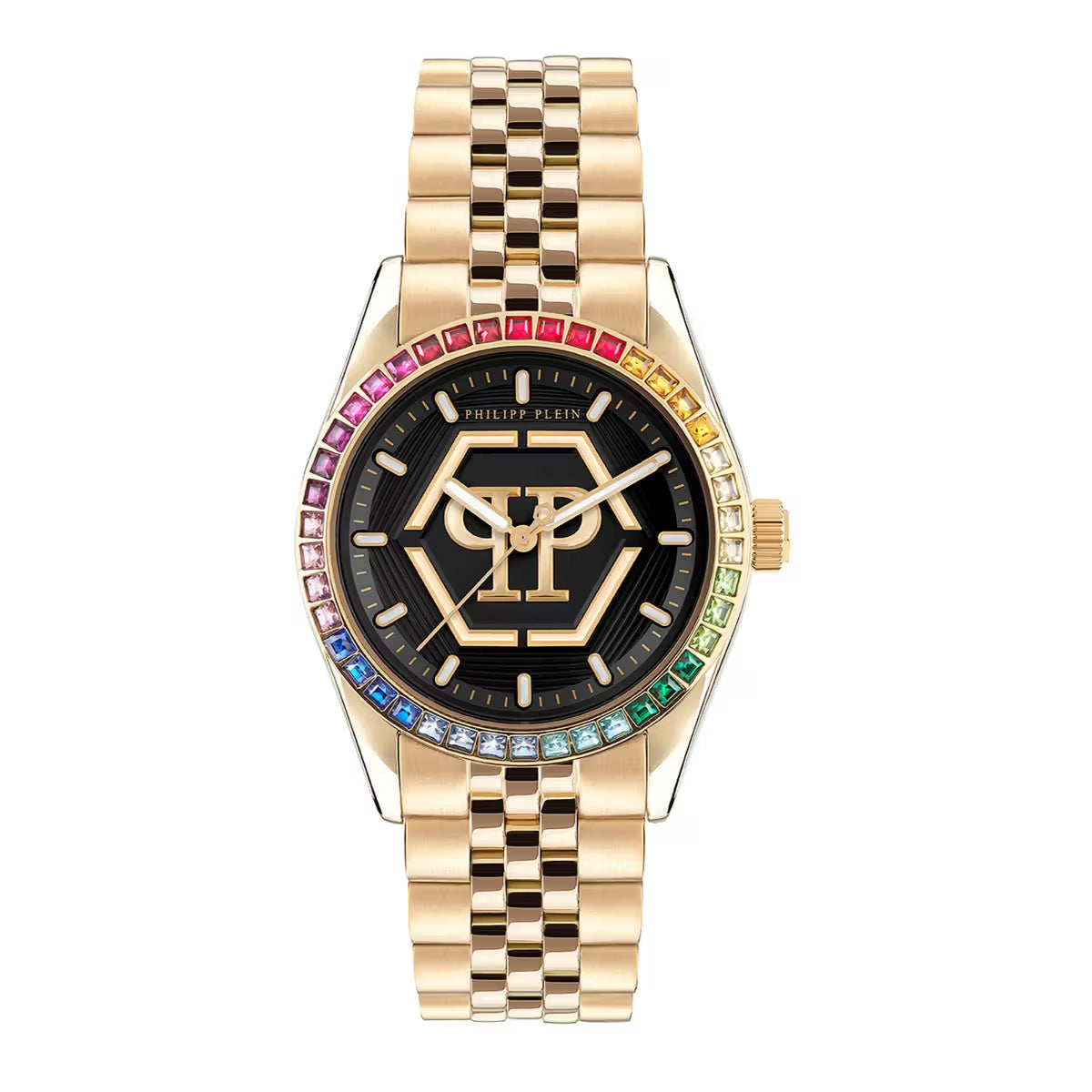Luxury watch with gold bracelet and colorful gemstones on a white background