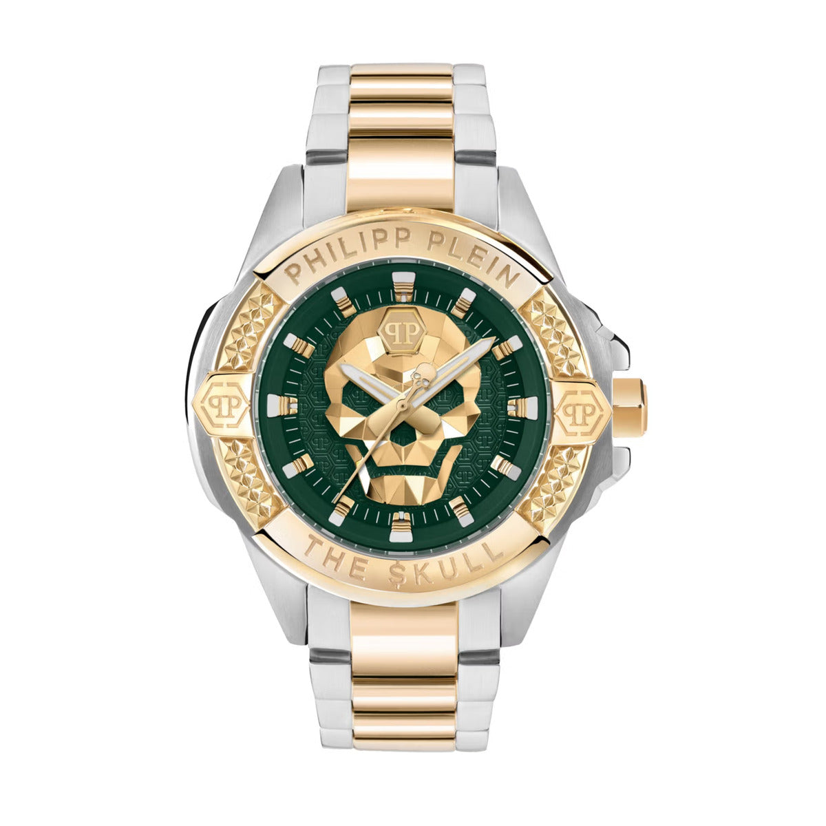 Philipp Plein watch with gold and silver design on a white background
