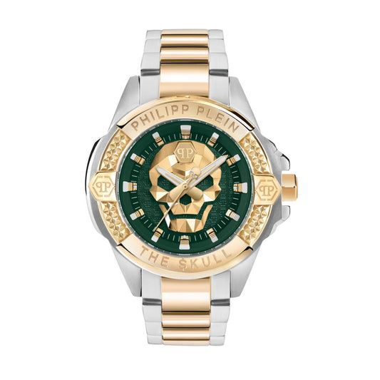 Philipp Plein watch with gold and silver design on a white background