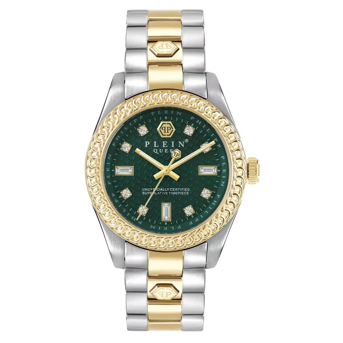 Two-tone watch with green face and gold accents on a white background