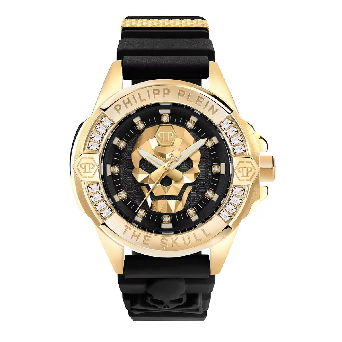 Philipp Plein watch with skull design and black strap on white background