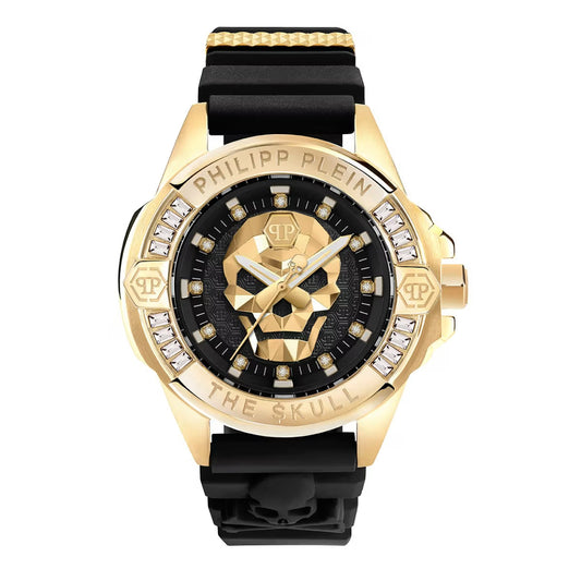 Philipp Plein watch with skull design and black strap on white background
