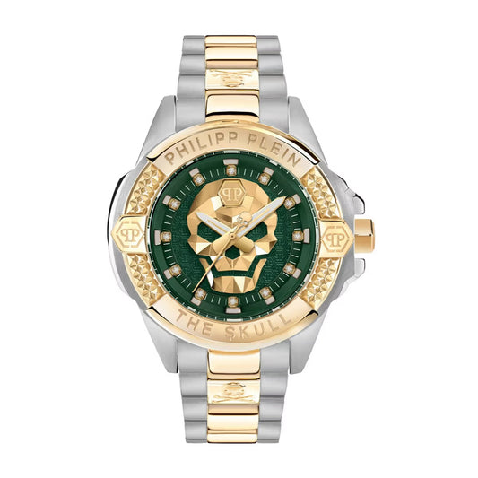 Philipp Plein watch with gold and silver design on a white background