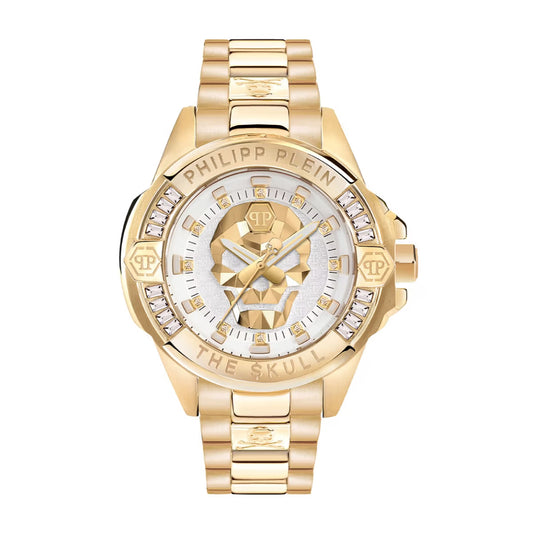 Gold watch with Philipp Plein branding on a white background