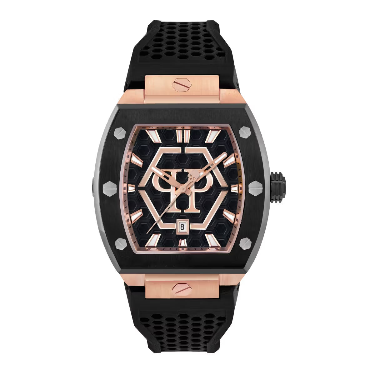 Luxury watch with black and rose gold design on a white background
