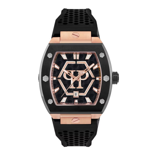 Luxury watch with black and rose gold design on a white background