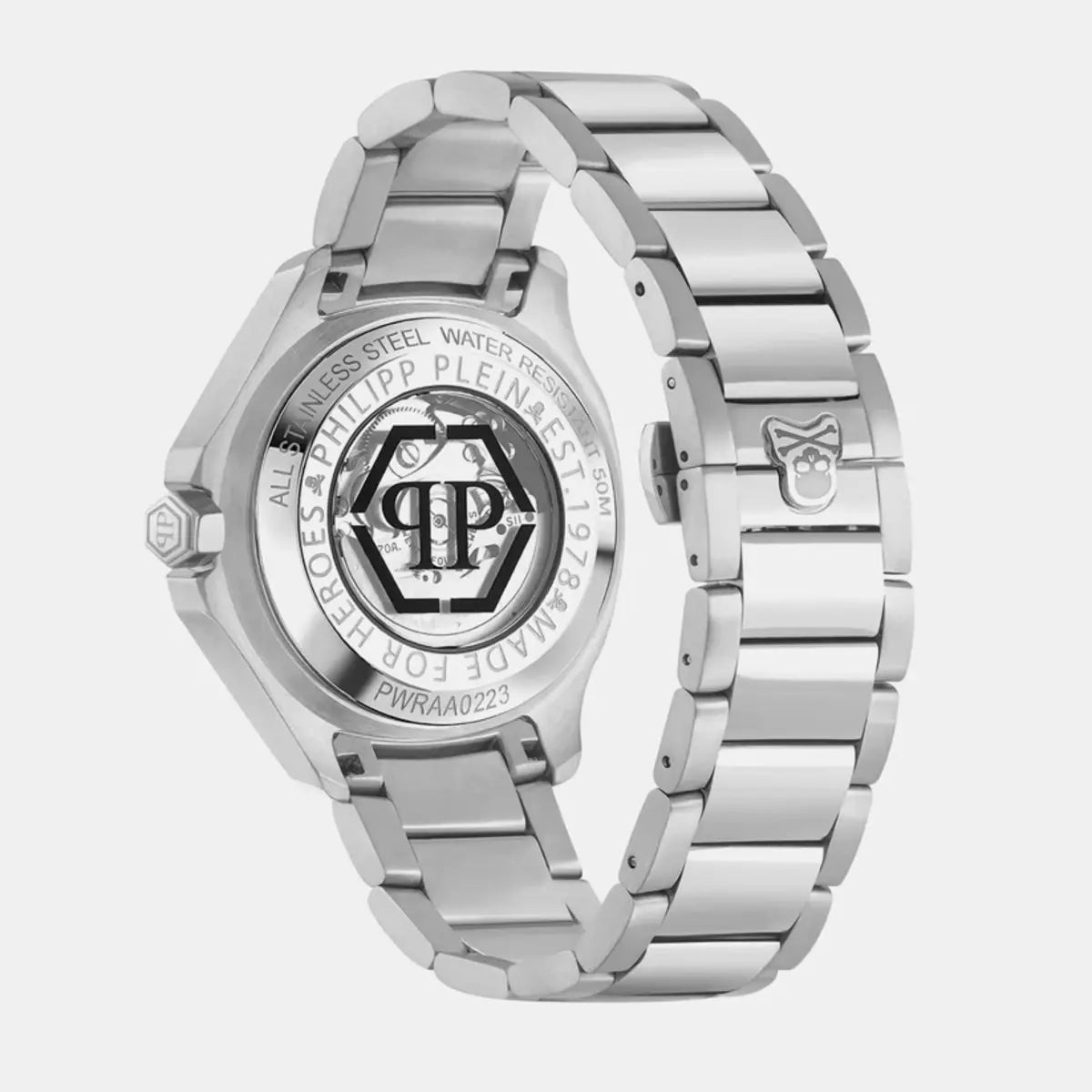 Silver watch with brand logo on a white background