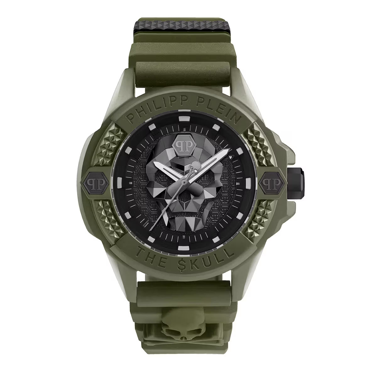 Green watch with skull design and Philipp Plein branding on a white background