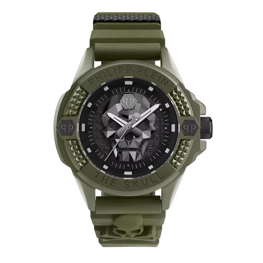 Green watch with skull design and Philipp Plein branding on a white background