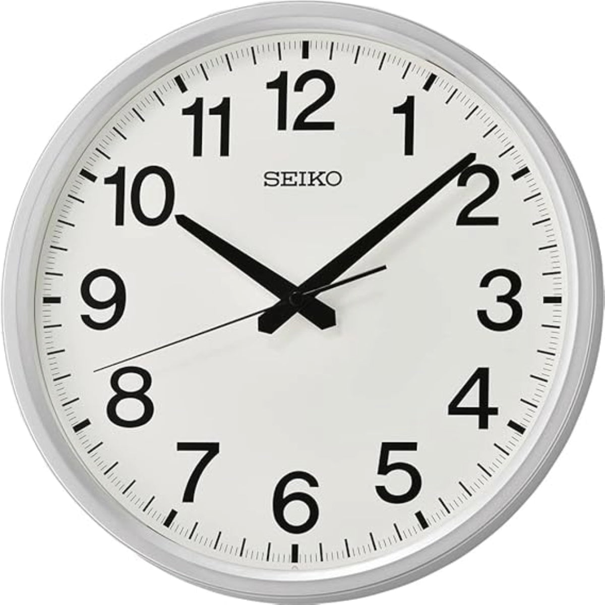Seiko wall clock with white face and black numbers on a white background