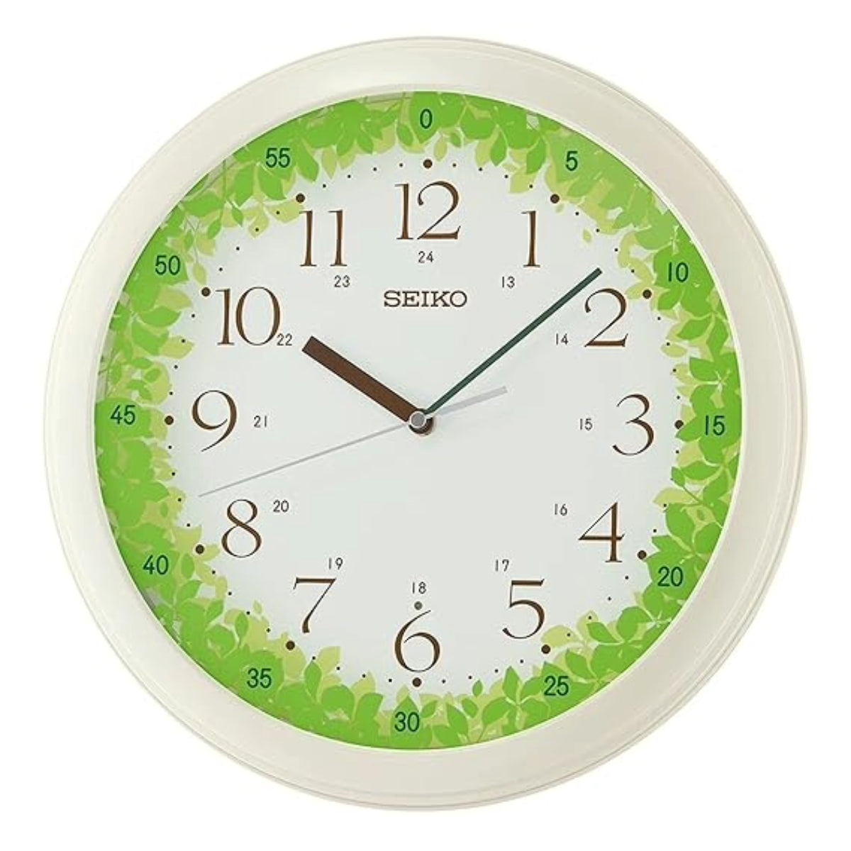 Seiko wall clock with green floral design on a white background
