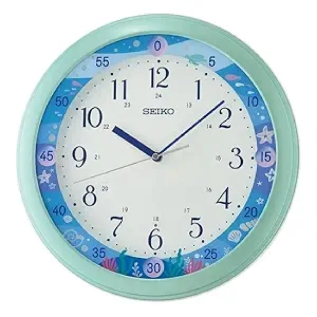 Seiko wall clock with a decorative blue and green border on a white background