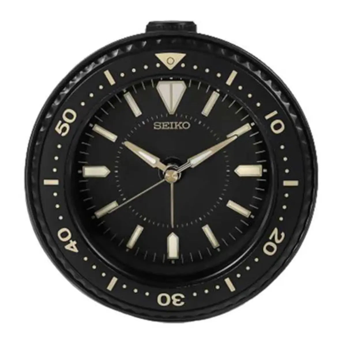 Black Seiko watch with white markings on a white background