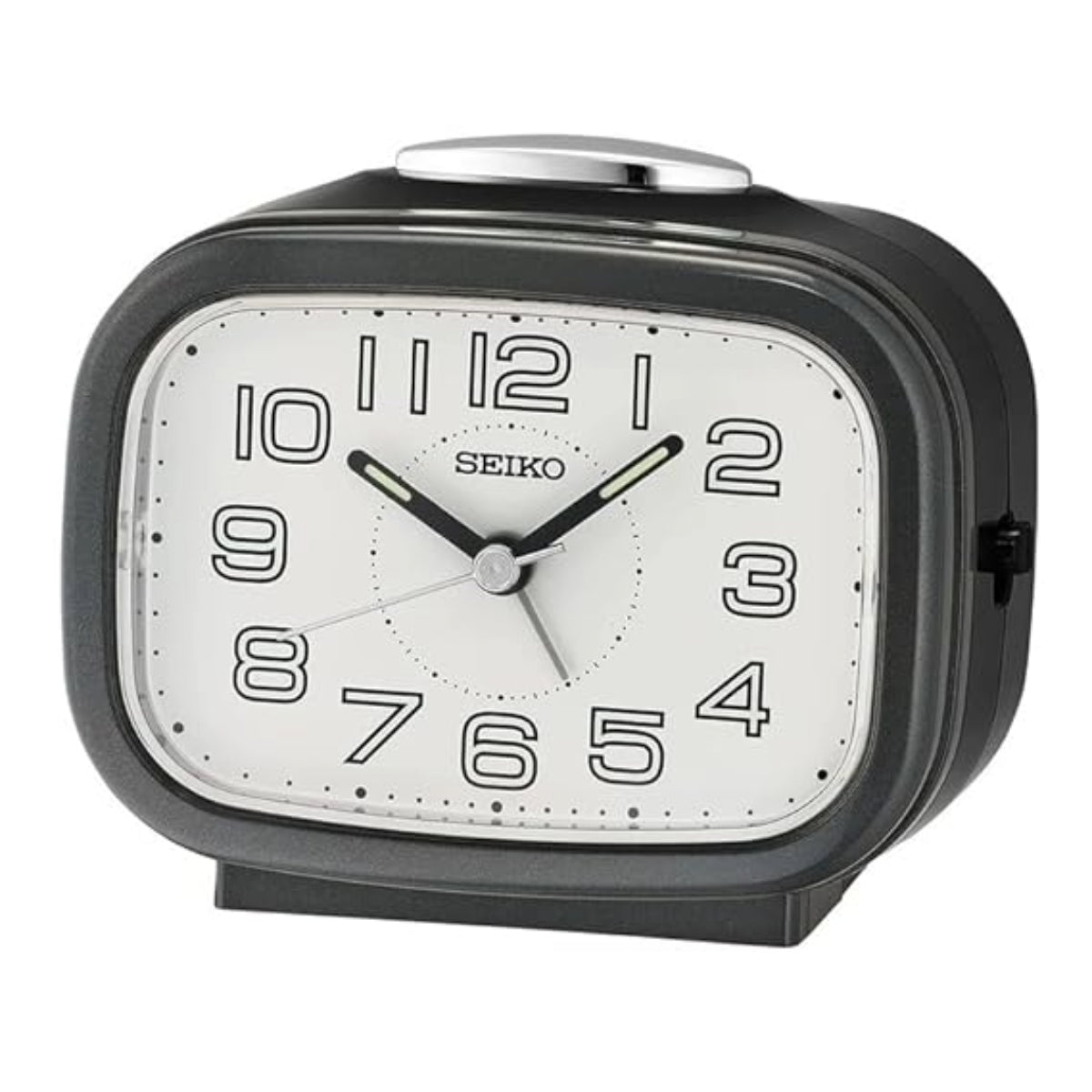 Seiko alarm clock with black casing on a white background