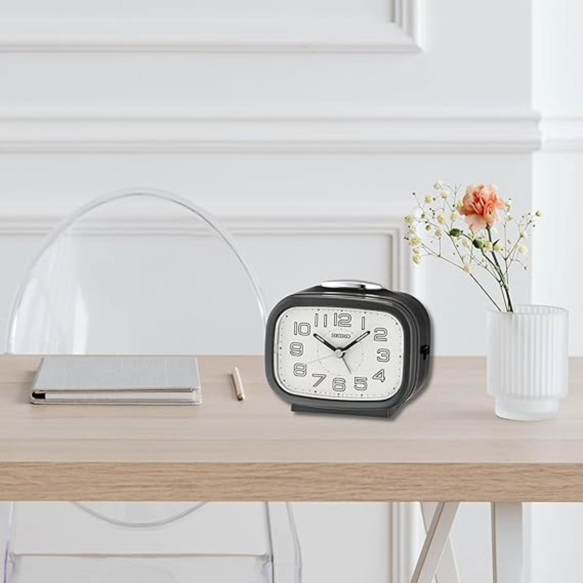 Seiko Table Clock Black Plastic Classic Bell Alarm Analog Lumibrite - QHK060KN