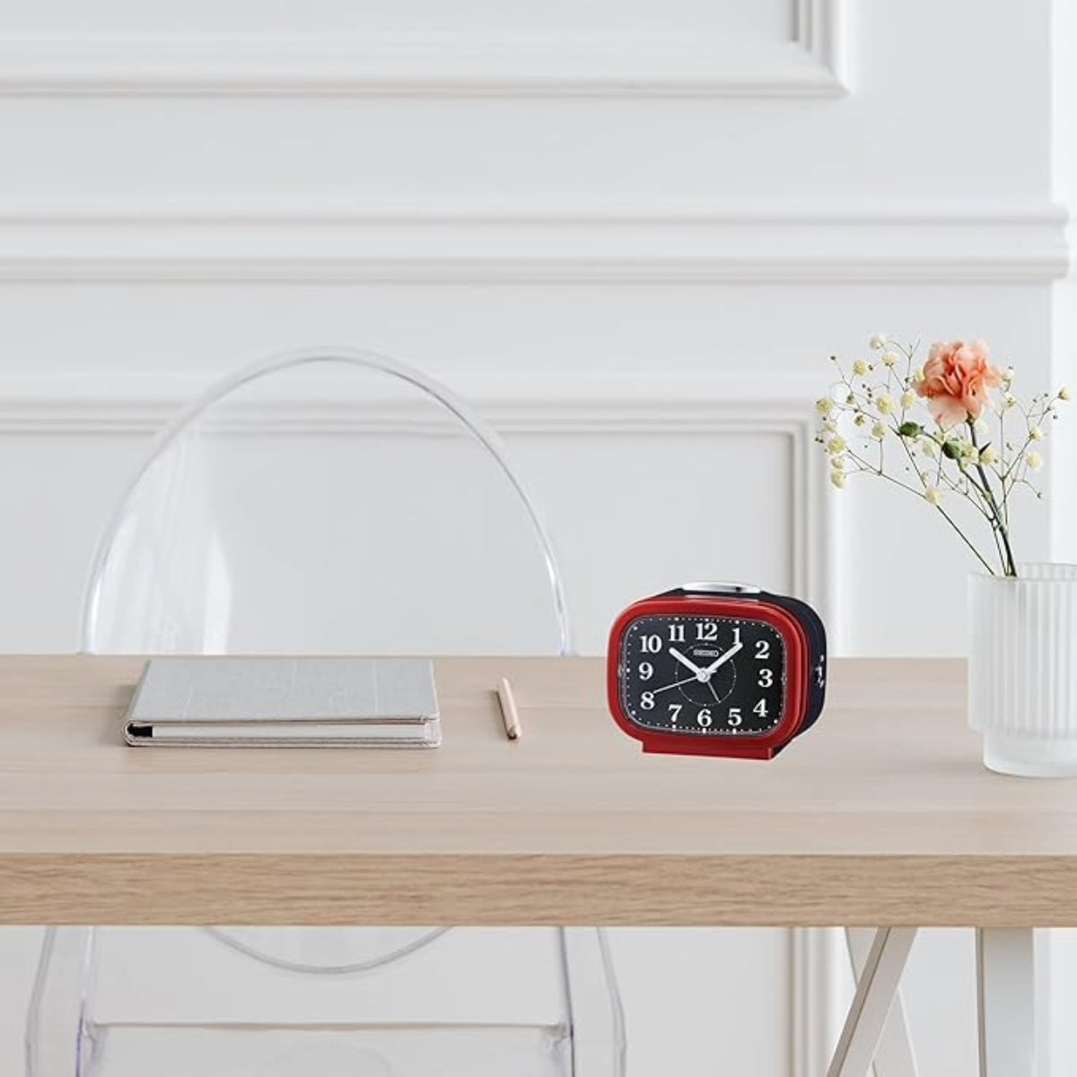 Seiko Table Clock Classic Rectangular Matt Finish Red Color Bell Alarm - QHK060QN
