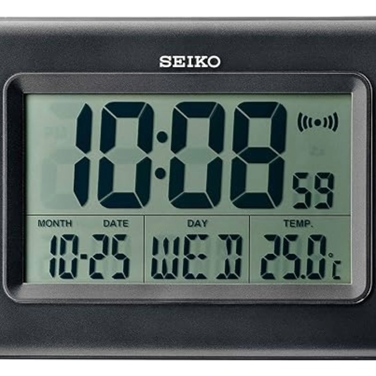 Digital clock with Seiko branding displaying time, date, temperature, and month.