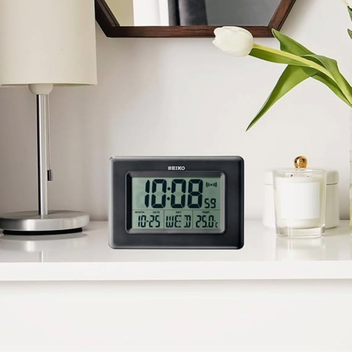 Seiko Table Clock Elegant Rectangular Black Plastic Digital Alarm - QHL058KN