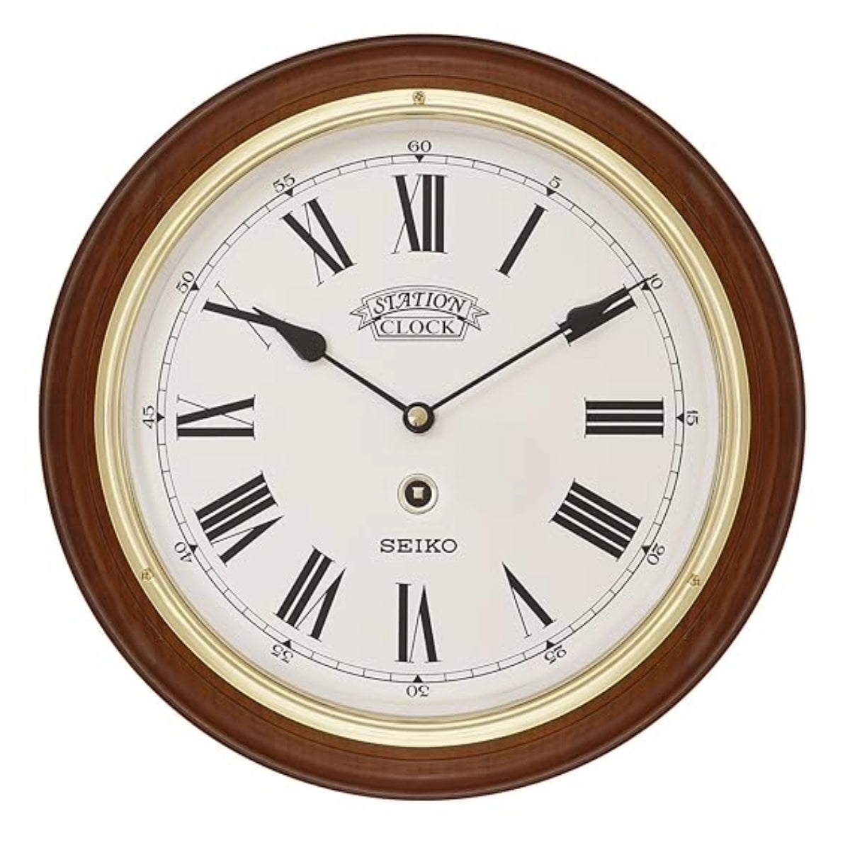 Seiko wall clock with wooden frame and white face