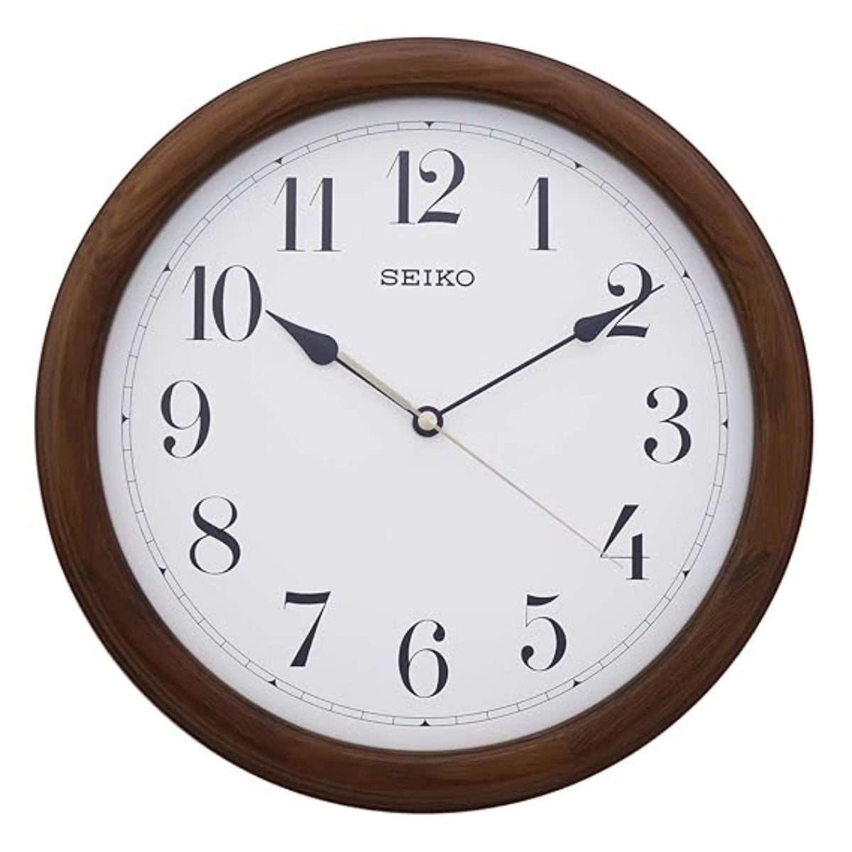 Seiko wall clock with wooden frame on a white background