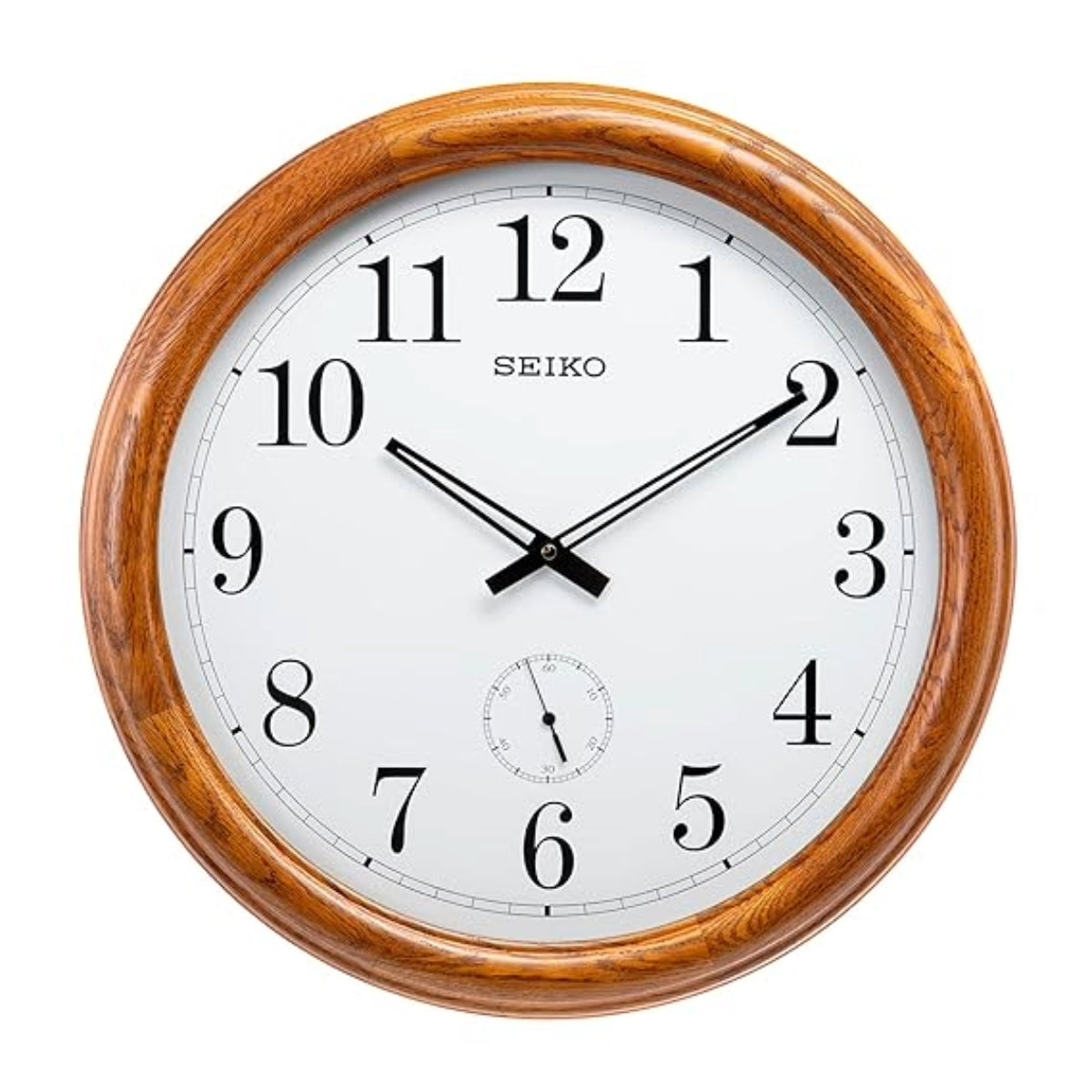 Seiko wall clock with wooden frame on a white background