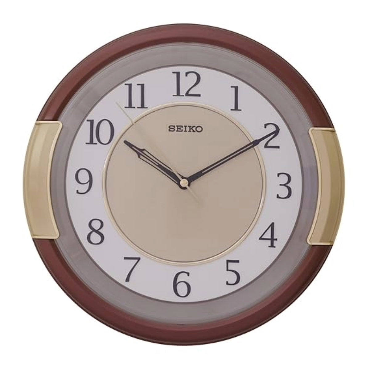 Seiko wall clock with brown and gold design on a white background